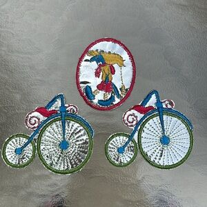 3 VTG 60-70s Sew On Shiny Embroidered Patches Old Bicycle Penny-Farthing & Witch